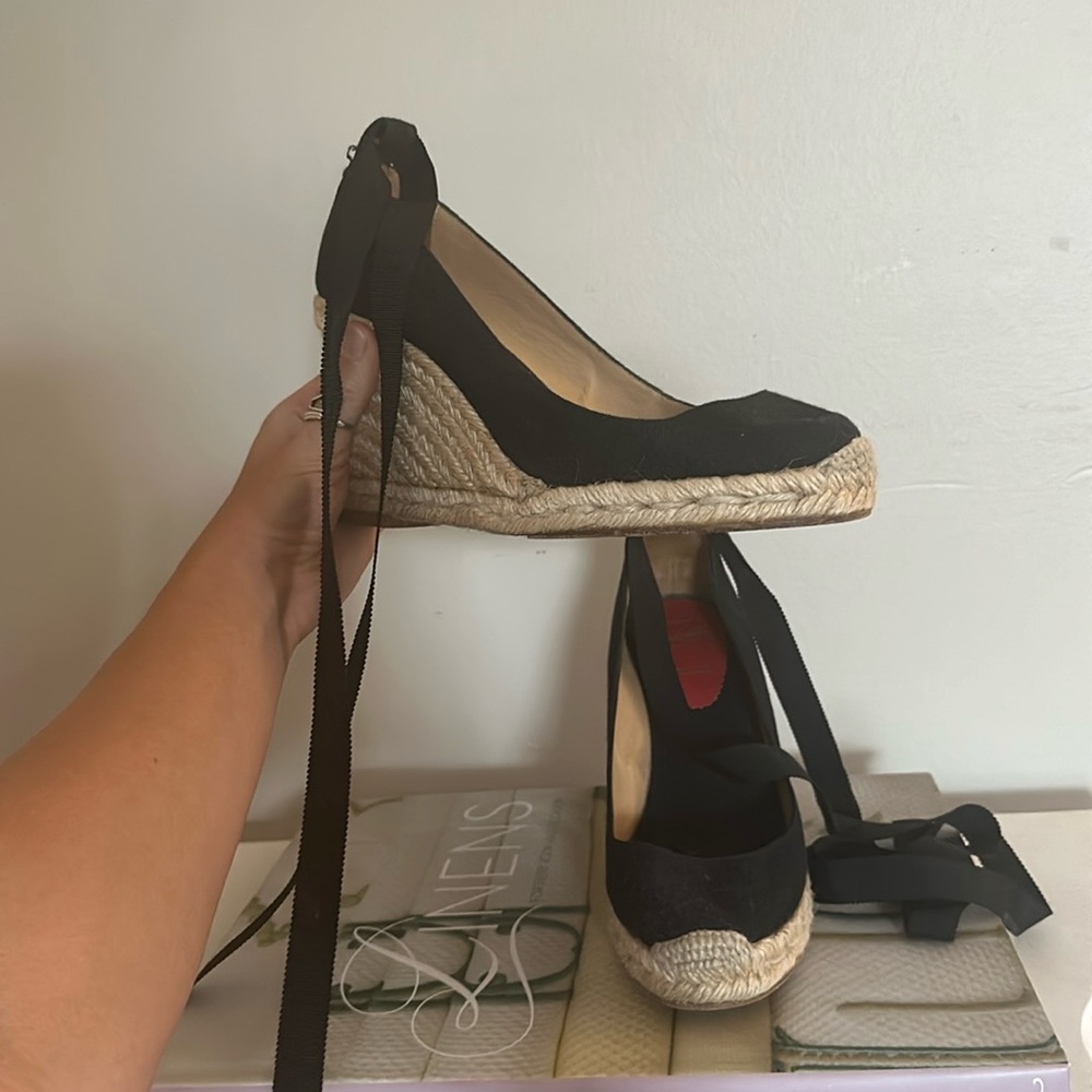 Christian Louboutin black cloth espadrille wedge heels ankle ribbon